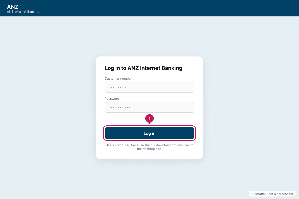 Illustration of the ANZ Internet Banking login screen with the log in button highlighted