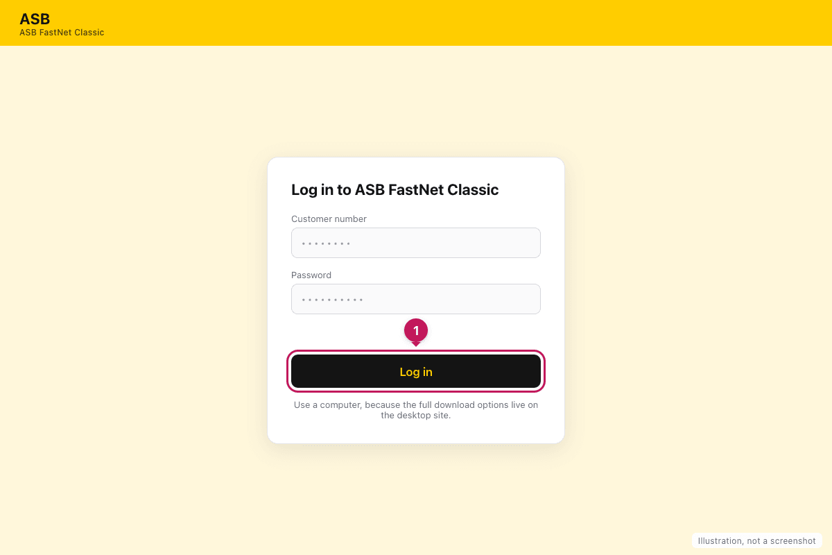 Illustration of the ASB FastNet Classic login screen with the log in button highlighted