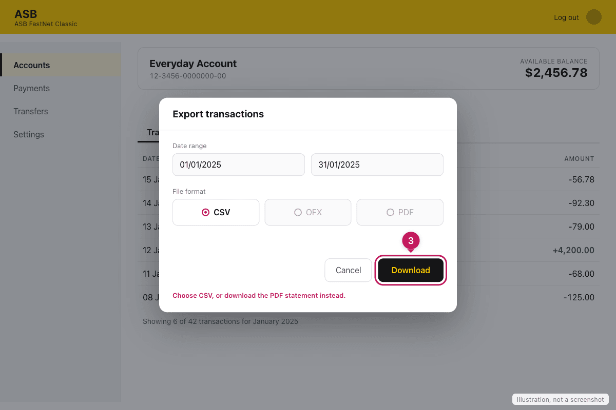 Illustration of an ASB export dialog with CSV chosen and the Download button highlighted