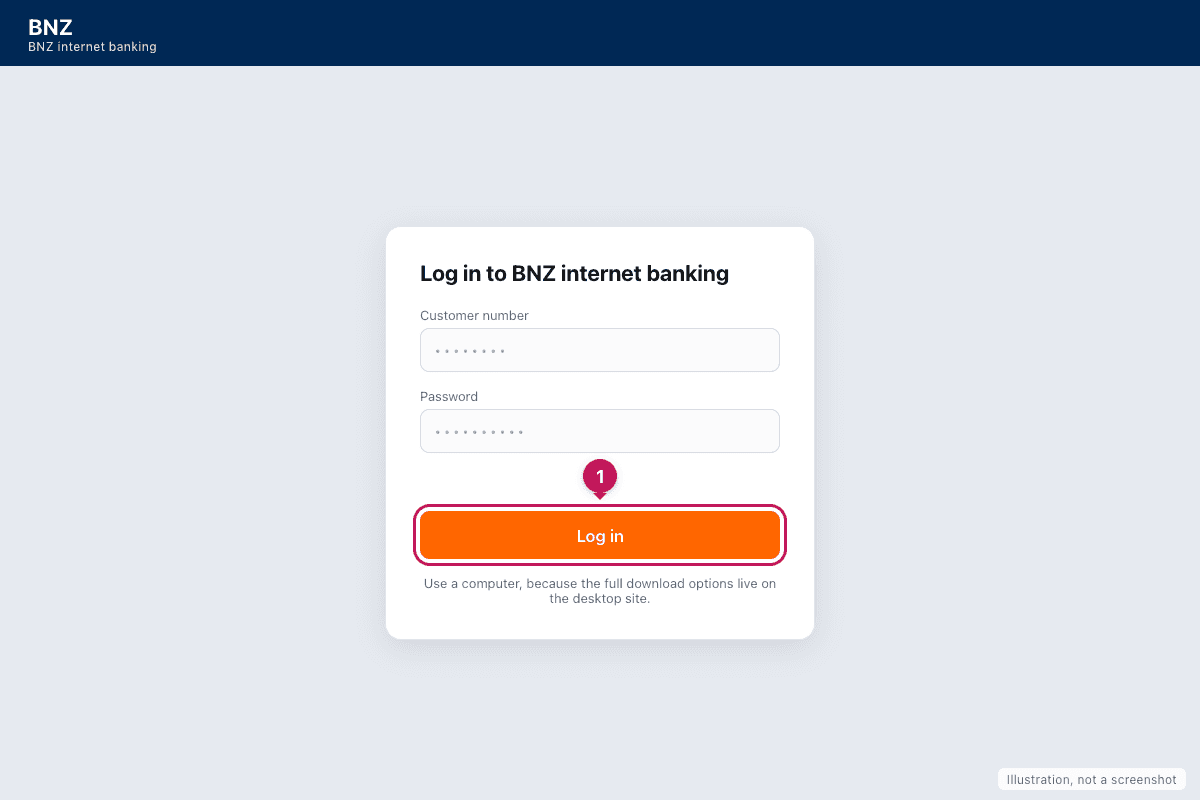 Illustration of the BNZ internet banking login screen with the log in button highlighted