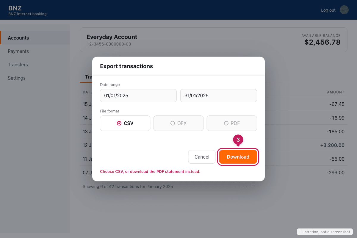 Illustration of a BNZ export dialog with CSV chosen and the Download button highlighted