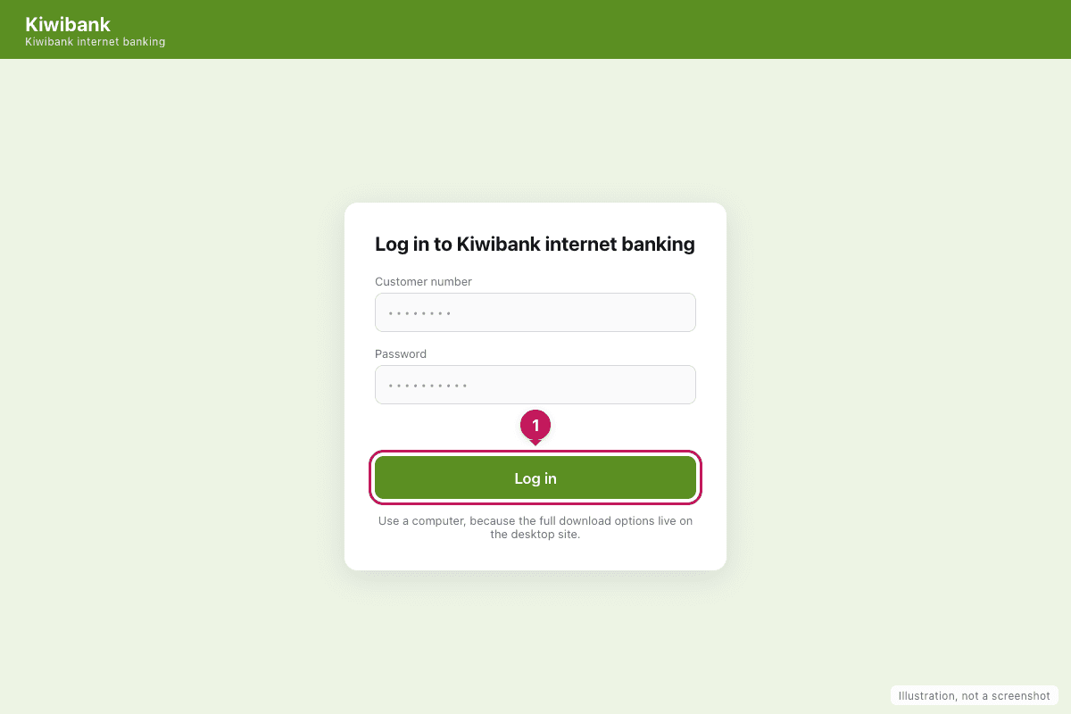 Illustration of the Kiwibank internet banking login screen with the log in button highlighted