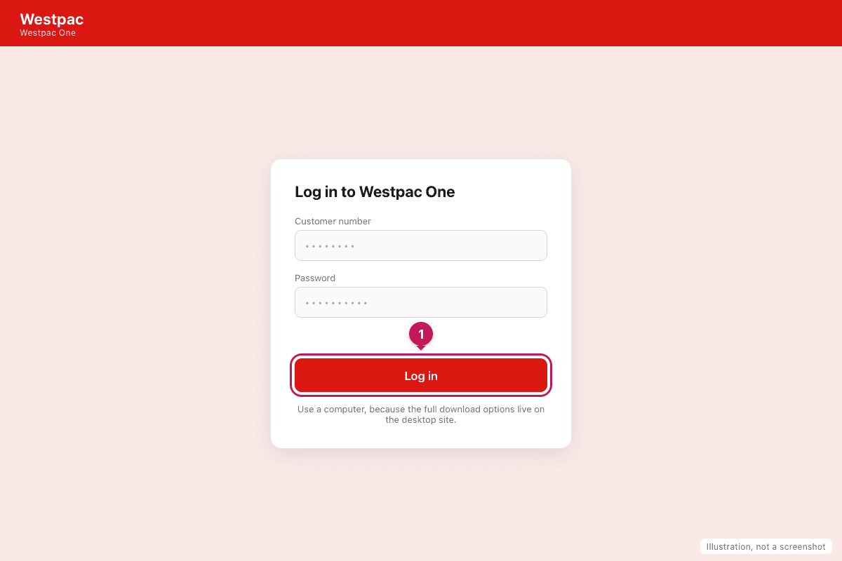 Illustration of the Westpac One login screen with the log in button highlighted