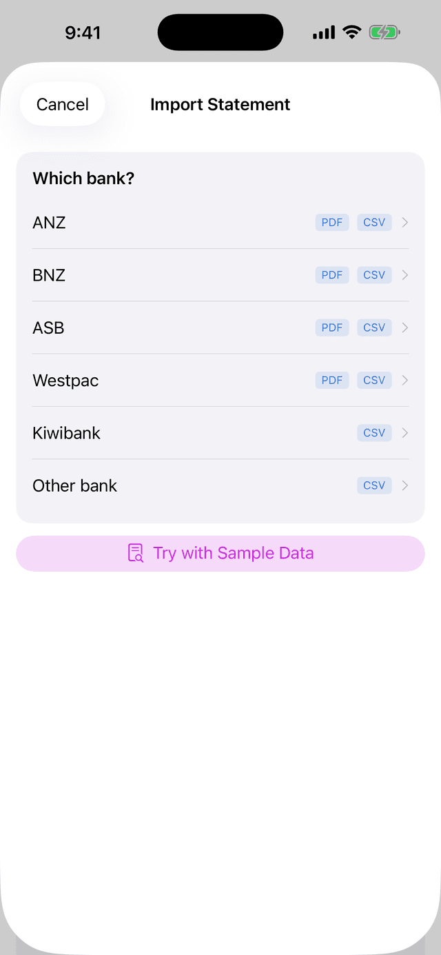 Import Statement screen listing the banks to pick from