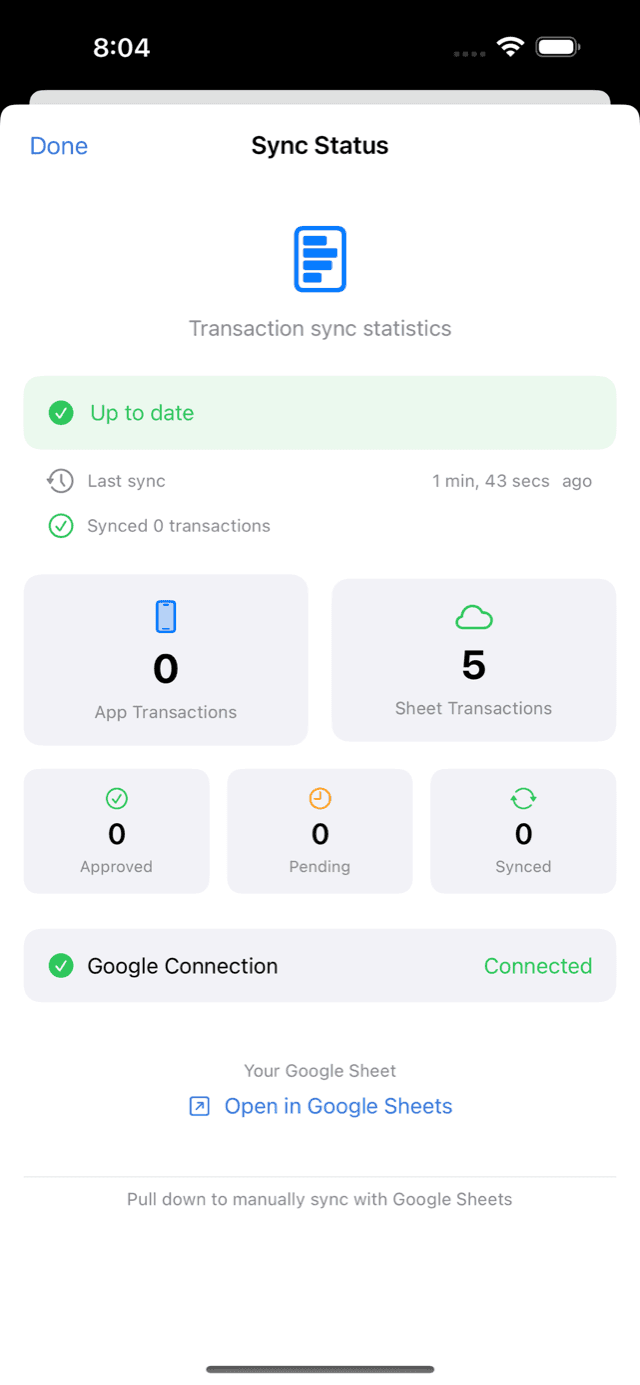 Sync status screen showing the client's Google Sheet connection